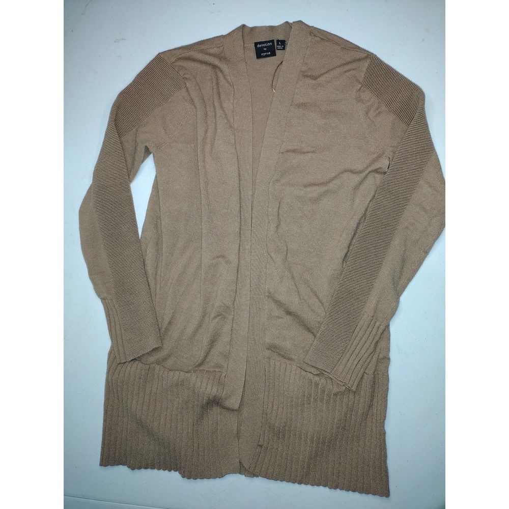 Devotion‎ by Cyrus Women Tan Ribbed Open Front Longline Cardigan Pockets Large